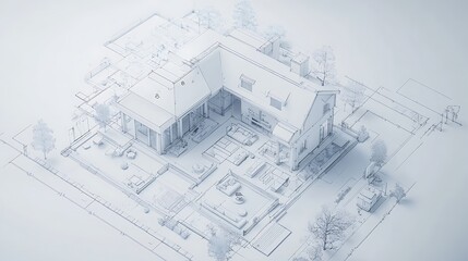 Fototapeta premium A 3D architectural rendering of a modern house layout with surrounding features.