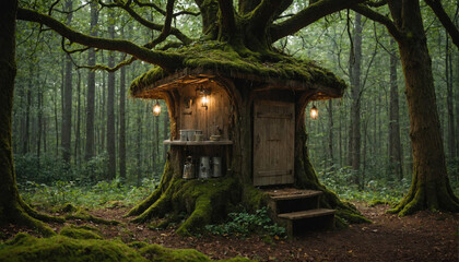 A small cabin sits nestled in a mossy tree trunk in a dense forest