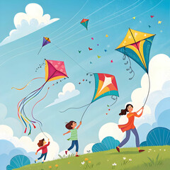 A vibrant sky is filled with colorful kites soaring high, creating a joyful spectacle of movement.