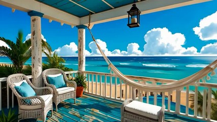 Video footage of serene beachside veranda with wicker chairs, a hammock, and a stunning ocean view under a bright blue sky with fluffy clouds. - Powered by Adobe