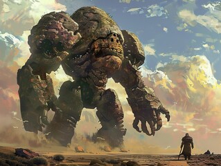 Fototapeta premium A Giant Stone Robot Stands Tall in a Ruined World, a Figure Stands Below