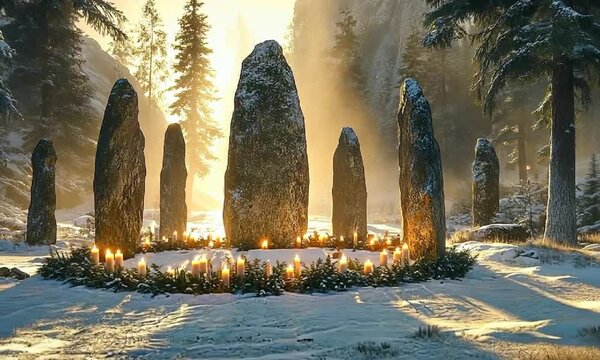 Majestic winter solstice at snowy stone circle with glowing candlelight. Winter Solstice Day