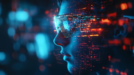 A young person wears augmented reality glasses with data streaming through the lenses, looking to the future.