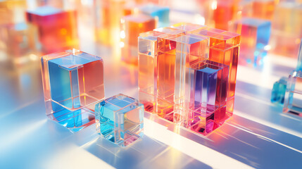 Many translucent, colorful, rectangular blocks are arranged together
