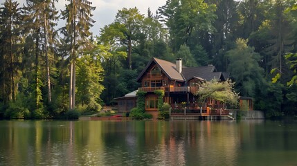 Fototapeta premium Nestled chalet on the lake flanked by tall trees and green surrounds