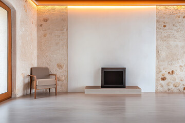 Modern minimalist living room with a fireplace and neutral decor in a contemporary space