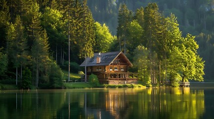 Obraz premium Nestled chalet on the lake flanked by tall trees and green surrounds
