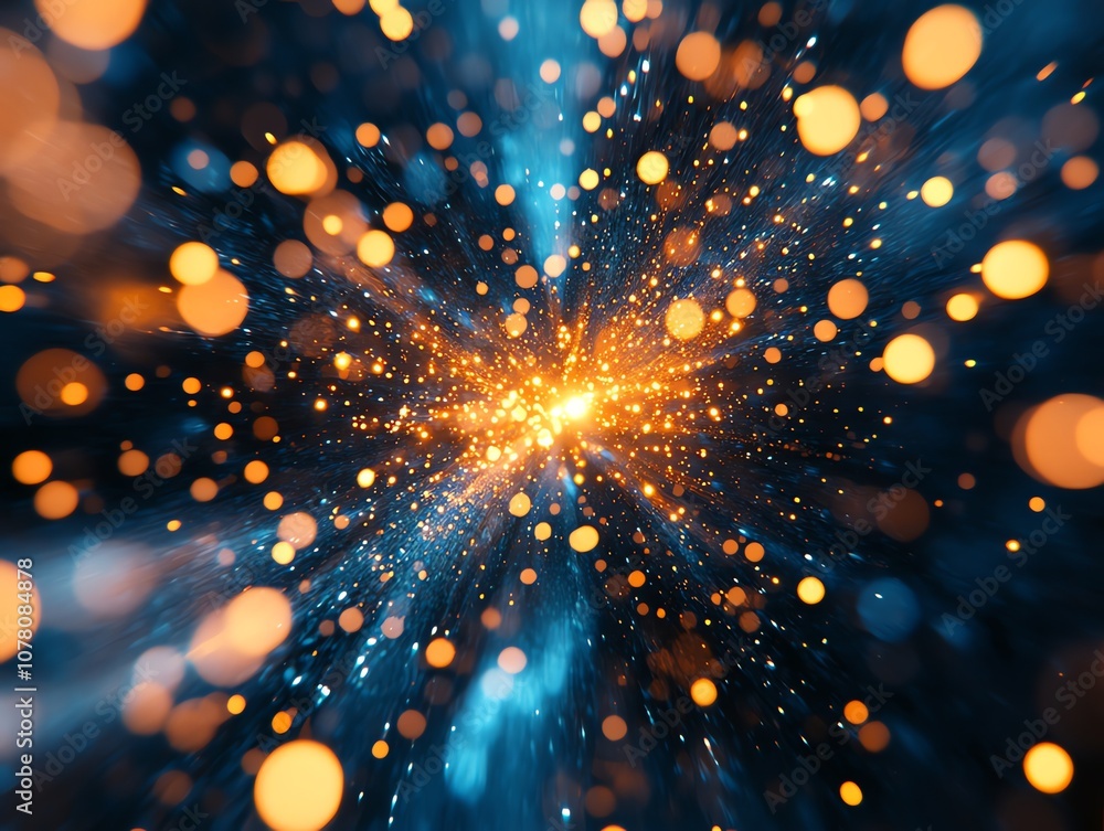 Poster Abstract background of a dark blue and orange bokeh effect with a bright light in the center.