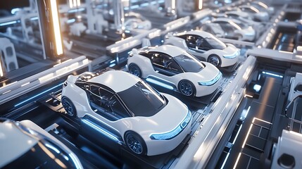 Obraz premium A futuristic assembly line showcasing sleek white electric cars with illuminated accents.