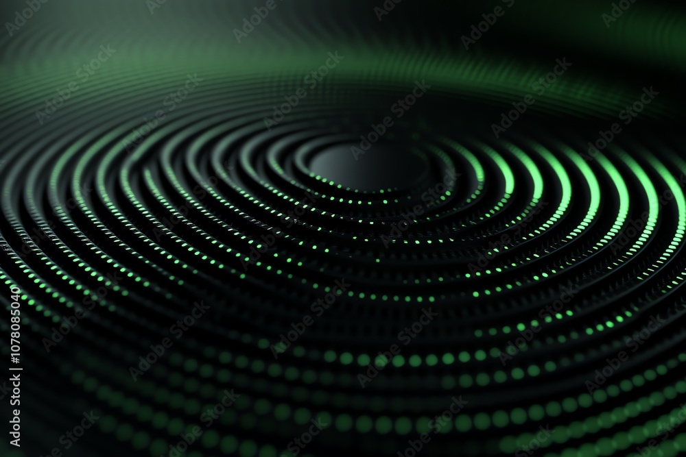 Poster abstract background with concentric circles of glowing green dots.