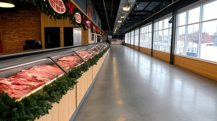Freshly Cut Meats Displayed in Modern Market Hall with Bright Windows and Festive Decorations for a Welcoming Shopping Experience During Winter Season
