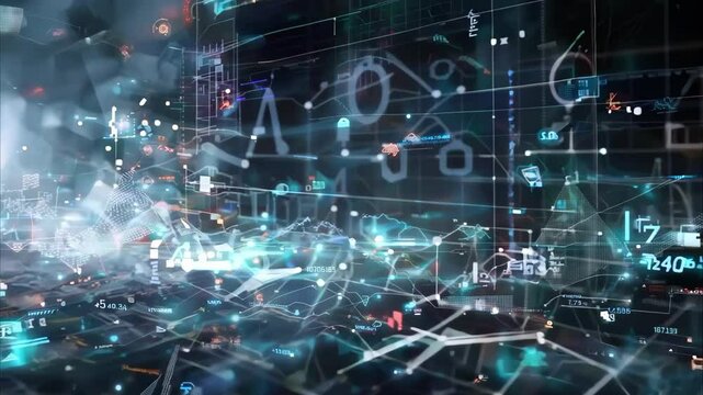 A futuristic digital landscape with glowing data streams, graphs, and abstract visual elements representing technology and information.
