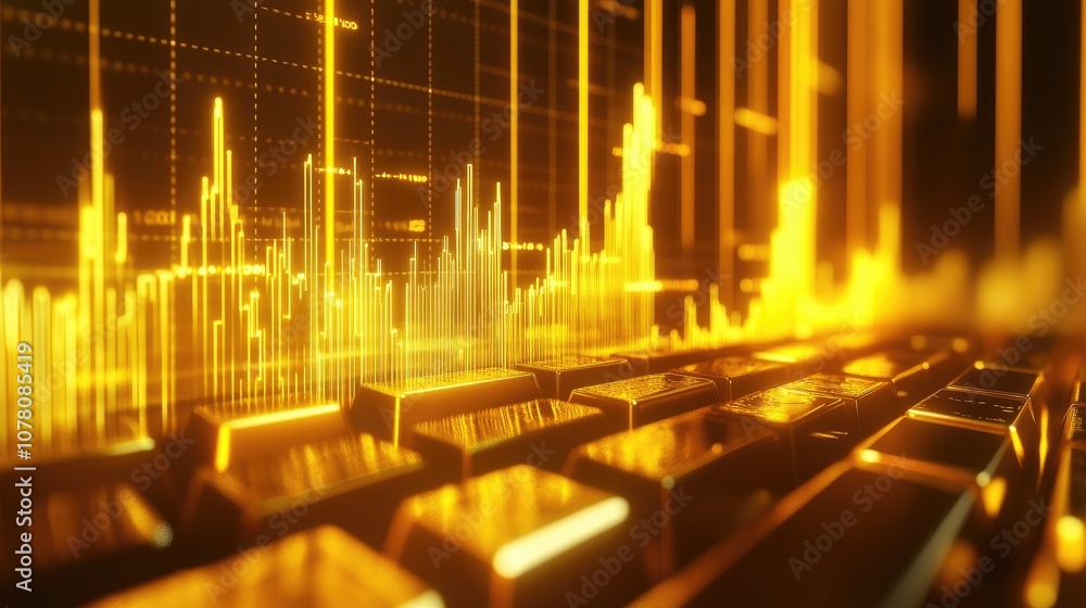 Poster abstract digital representation of financial data with golden bars and bright graphs over a keyboard