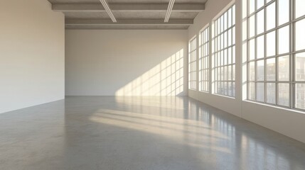 Obraz premium A spacious, sunlit room with large windows and a polished concrete floor.