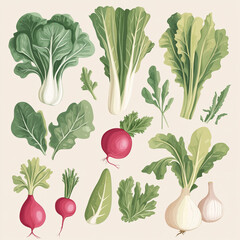 Bok Choy, Radish, and Lettuce on Beige Background, Botanical Illustration