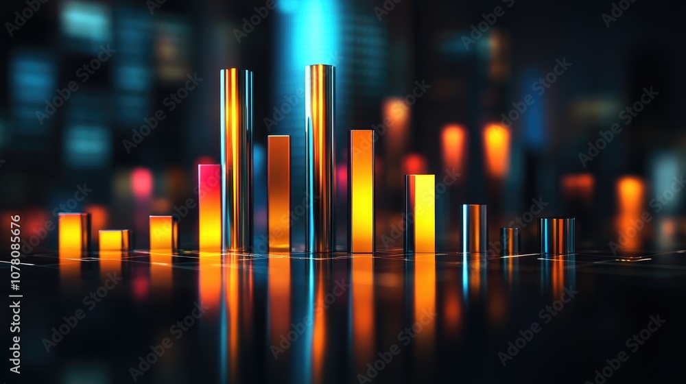 Poster abstract data visualization with colorful bars and reflections in a modern cityscape at night, empha