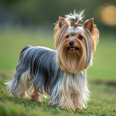 Naklejka premium The Yorkshire Terrier, or Yorkie, is a small, energetic dog known for its silky coat.