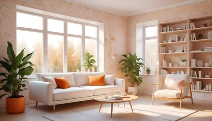 Scandinavian living room interior design zoom background,Doodle patterned wallpaper graphics