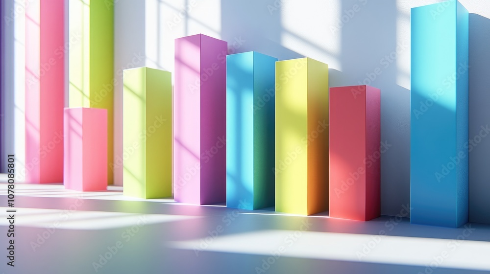 Poster colorful geometric shapes representing data growth and analysis in a bright modern workspace with na