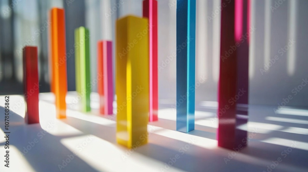 Poster colorful geometric blocks arranged on a surface casting playful shadows, creating an artistic and vi