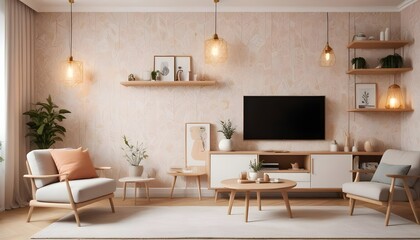 Scandinavian living room interior design zoom background,Doodle patterned wallpaper graphics