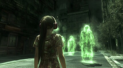 A young girl stands alone on a dark street at night, ghostly sound waves from headphones depicting isolation and strain