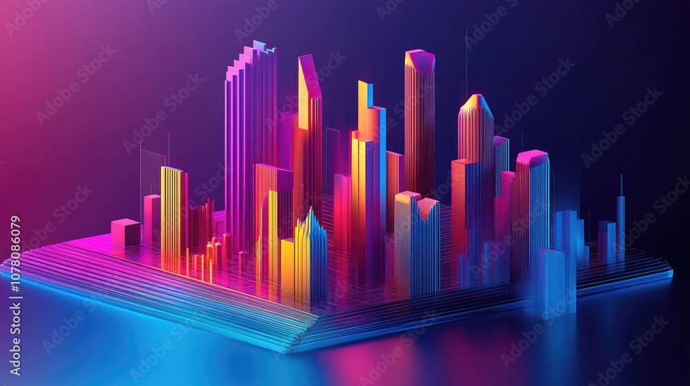 Poster vibrant abstract cityscape with neon colors representing modern architecture and urban development i