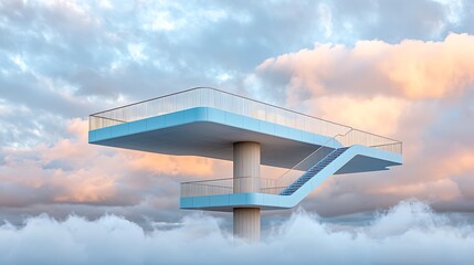 The Blue Podium sits starkly against the backdrop of a cloudy sky, its sleek design a striking contrast to the billowing grey clouds overhead.