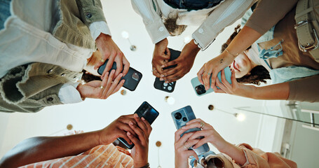 People, circle and phones for university registration, online and teamwork in education on campus....
