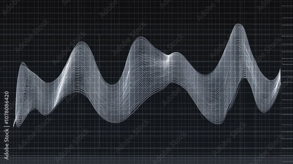 Poster abstract visualization of sound waves represented through a smooth, flowing line graph on a dark gri