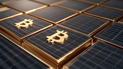 Golden Bitcoin Symbols on Futuristic Solar Panels Representing Cryptocurrency and Renewable Energy Integration in Digital Economy