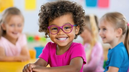 Obraz premium Smiling young girl with curly hair and glasses sitting in a classroom, surrounded by smiling peers, showcasing joy and creativity in learning environment