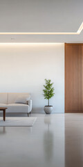 Modern living room with minimalist design, potted plant, and natural light in a spacious layout