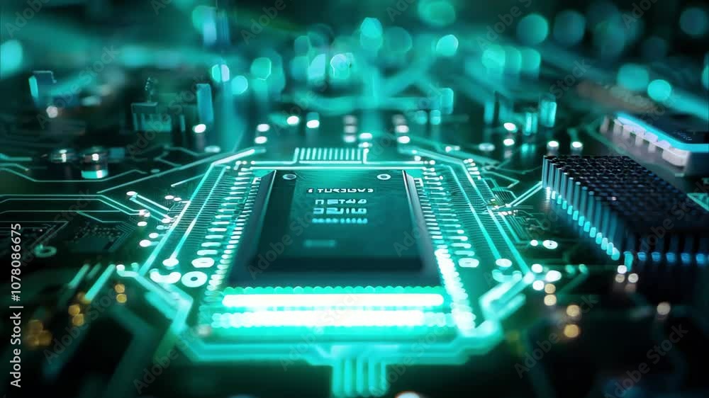 Poster a close-up view of a circuit board featuring a central processor unit, highlighted by glowing blue a