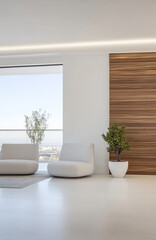 Modern minimalist living room with cozy seating and natural elements overlooking the city skyline