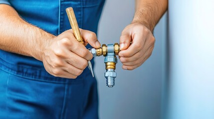 Skilled plumber using tools to assemble brass fittings and pipes for a plumbing installation in a modern workshop, showcasing precision and craftsmanship