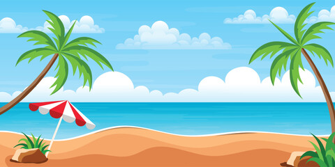 illustration of cartoon Summer beach landscape design background.summer vacation on a tropical sea beach.beautiful scenery of the seaside