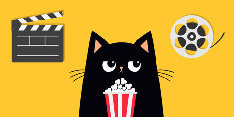 Cat kitten holding popcorn box. Clapper board, Movie reel icon set. Kitten watching movie. Pop corn food. Cute cartoon funny character. Cinema theater. Film show. Flat design. Yellow background Vector