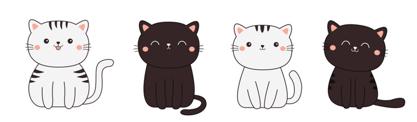 Black white cat line contour silhouette icon set. Cute face head. Funny kawaii smiling sad doodle animal. Cartoon character. Childish style. Pet collection. Baby background. Flat design. Vector