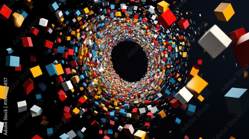 Poster colorful 3d cubes in a spiral formation creating an illusion of depth with a dark background for abs