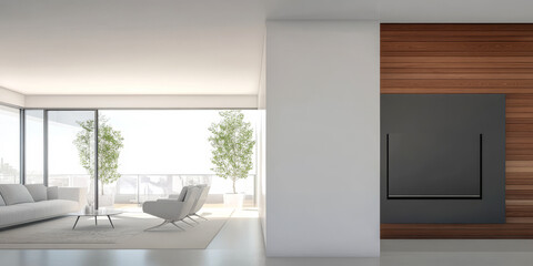 Fototapeta premium Modern living room with a minimalist design featuring large windows and natural light