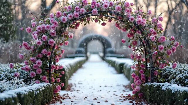 Winter garden pathway adorned with pink roses and snow, leading to a romantic arch in the distance