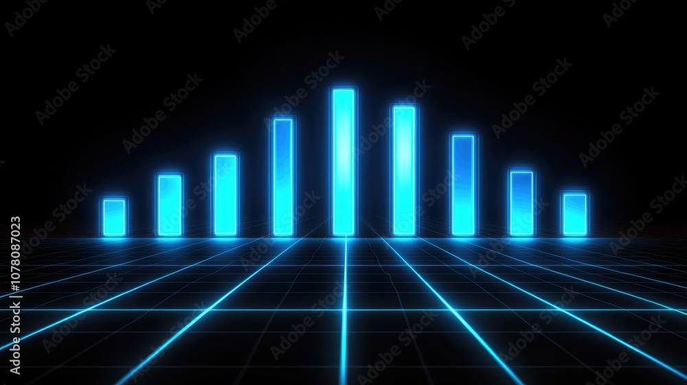 Poster futuristic blue neon bar chart visualization on a dark background with a grid pattern for data analy