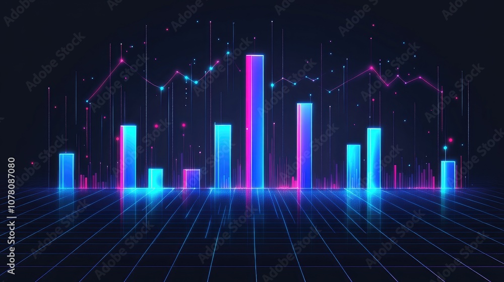 Poster futuristic neon data visualization with colorful bar graphs and line charts displaying financial tre