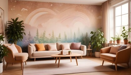Fototapeta premium Scandinavian living room interior design zoom background,Doodle patterned wallpaper graphics