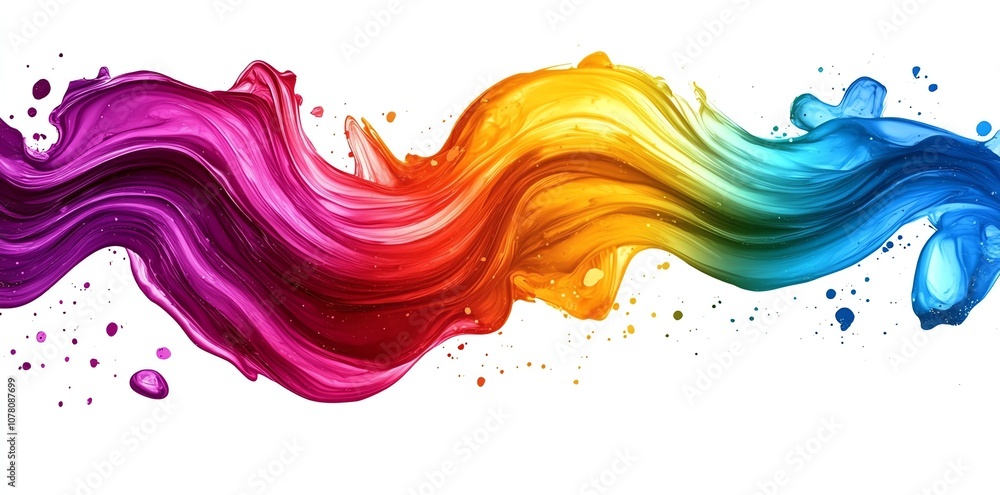 Poster Abstract colorful paint wave with splashes on a white background.