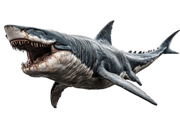 Fototapeta premium A menacing great white shark with open jaws, teeth bared, transparent background