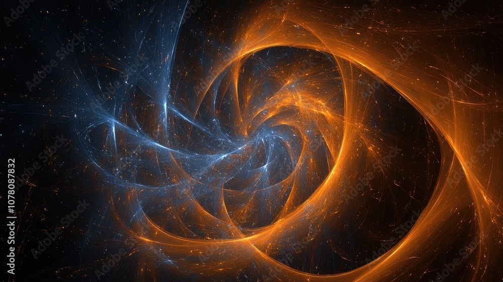 Poster captivating abstract swirl of blue and orange light forms creating a cosmic feel in a dark backgroun