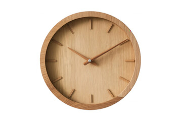 A simple, round wooden clock with a light wood finish, transparent background