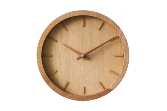 A simple, round wooden clock with a light wood finish, transparent background
